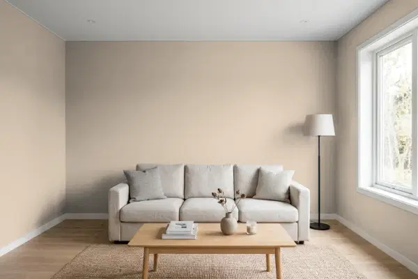 Living room with walls painted Sherwin-Williams Studio Beige SW 9602 (simulated)