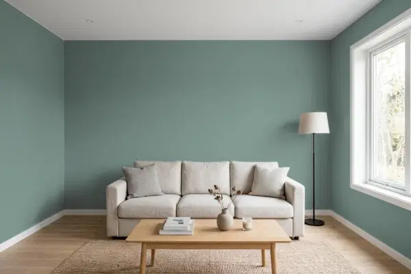 Living room with walls painted Sherwin-Williams Studio Blue Green SW 0047 (simulated)
