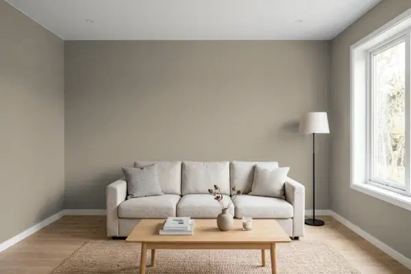 Living room with walls painted Sherwin-Williams Studio Clay SW 9172 (simulated)