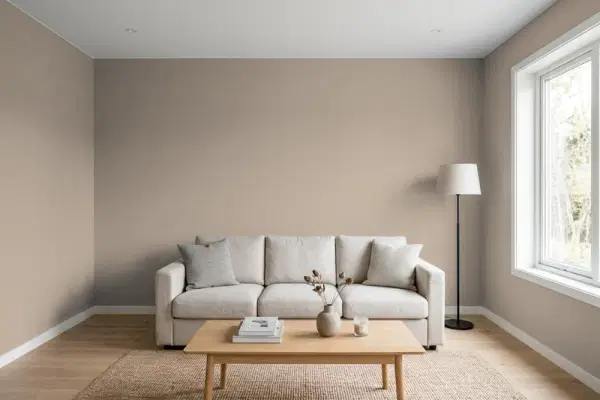 Living room with walls painted Behr Studio Taupe PPU5-07 (simulated)