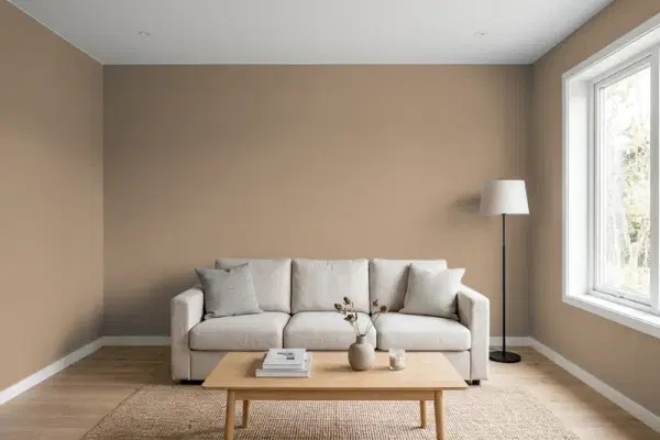 Living room with walls painted Behr Sturdy Brown MQ2-48 (simulated)