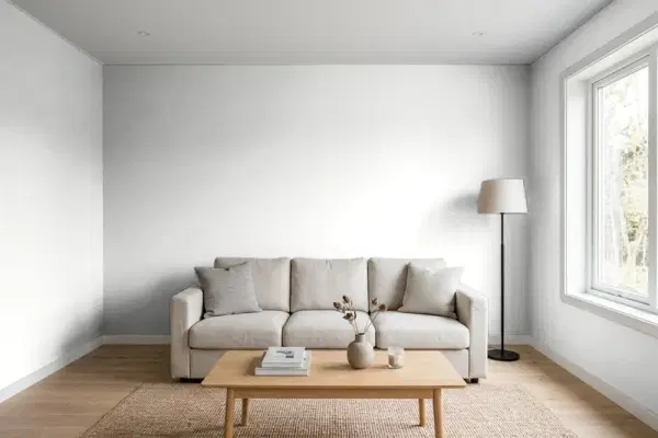 Living room with walls painted Behr Subtle Touch 790E-1 (simulated)
