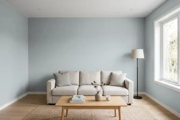 Living room with walls painted Benjamin Moore Subway Tile CSP-585 (simulated)