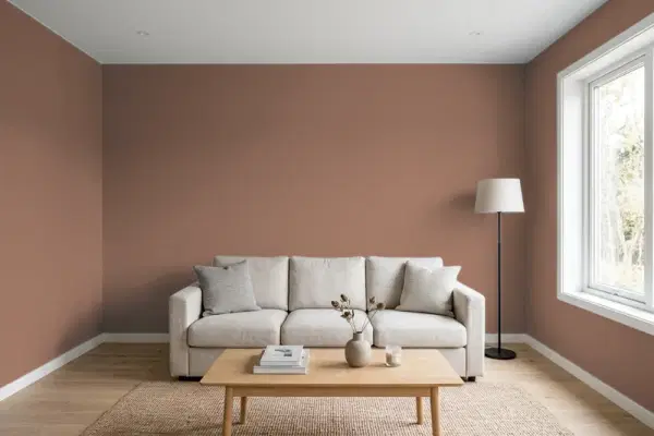 Living room with walls painted PPG Paints Suede Leather 1072-6 (simulated)