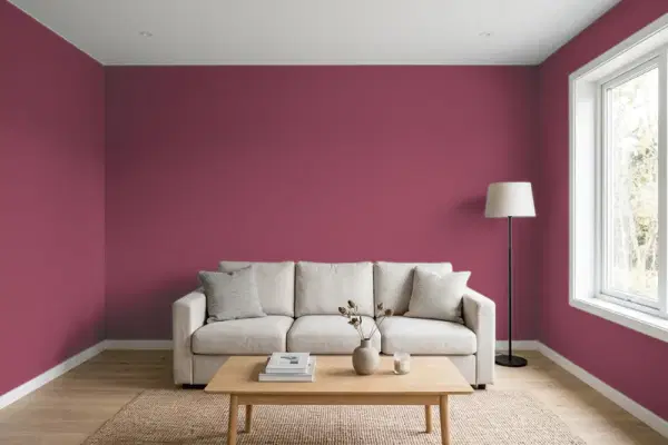 Living room with walls painted Behr Sugar Beet M130-7 (simulated)