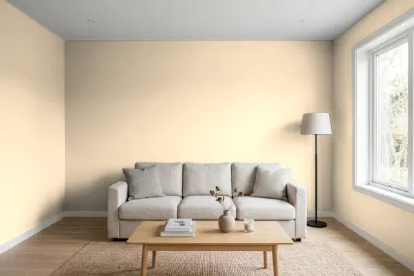 Living room with walls painted PPG Paints Sugared Pears 1088-3 (simulated)