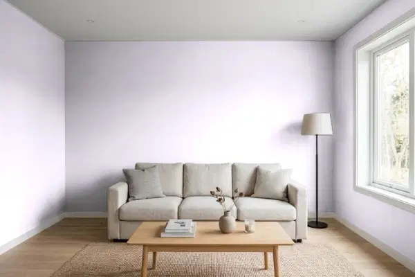 Living room with walls painted Benjamin Moore Sugarplum 1394 (simulated)