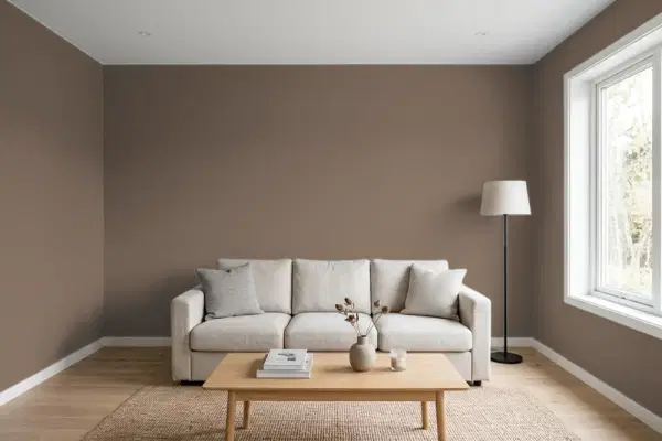 Living room with walls painted Valspar Sumatra Blend 2008-9A (simulated)