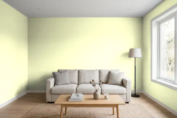Living room with walls painted Benjamin Moore Summer Lime 2026-60 (simulated)