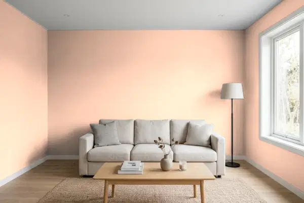 Living room with walls painted Benjamin Moore Summer Melon 2168-50 (simulated)