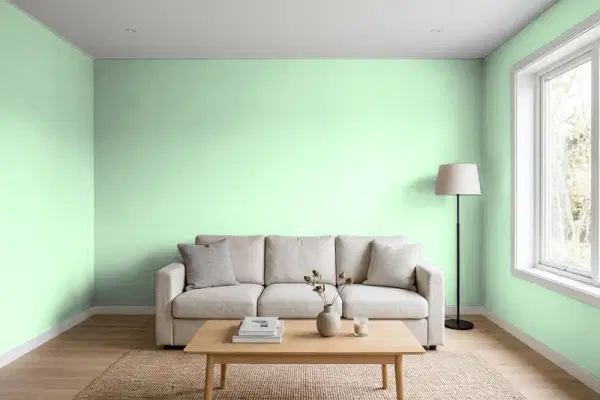 Living room with walls painted Valspar Summer Sigh 6004-9B (simulated)