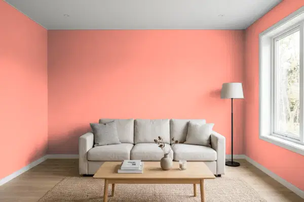 Living room with walls painted Benjamin Moore Summer Sun Pink 2012-40 (simulated)