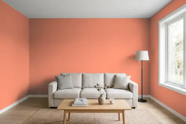 Living room with walls painted PPG Paints Summer Sunset 1192-6 (simulated)