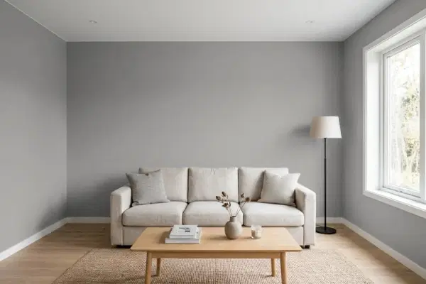 Living room with walls painted Sherwin-Williams Summit Gray SW 7669 (simulated)