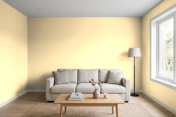 Living room with walls painted Benjamin Moore Sun Blossom 149 (simulated)