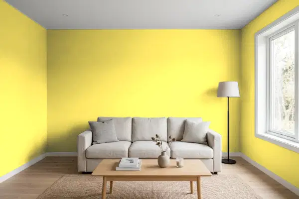 Living room with walls painted Benjamin Moore Sunburst 2023-40 (simulated)