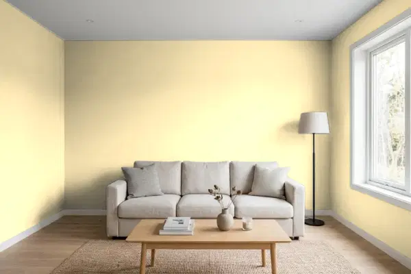 Living room with walls painted Benjamin Moore Sundress CSP-940 (simulated)