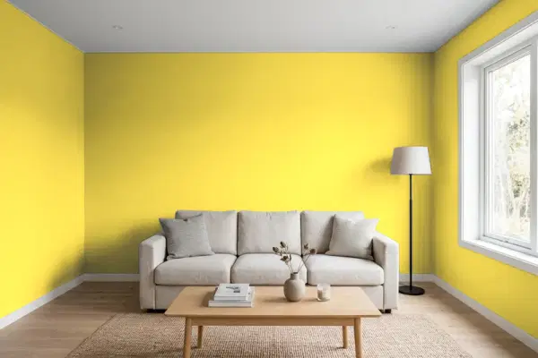 Living room with walls painted Benjamin Moore Sunny Afternoon 356 (simulated)