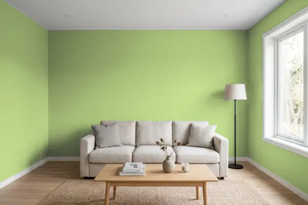Living room with walls painted Valspar Sunny Dale 6002-6A (simulated)