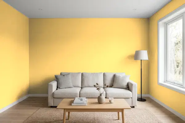 Living room with walls painted Benjamin Moore Sunny Days 172 (simulated)