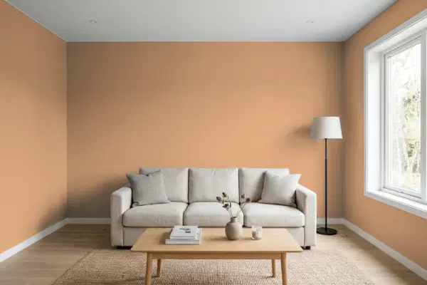 Living room with walls painted Behr Sunset Cloud PMD-31 (simulated)
