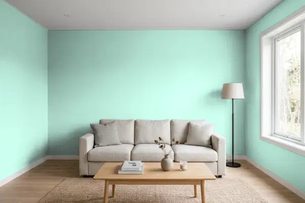 Living room with walls painted Benjamin Moore Surf 'n Turf 598 (simulated)