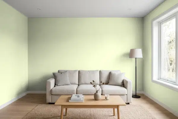 Living room with walls painted Benjamin Moore Sweet Caroline 478 (simulated)