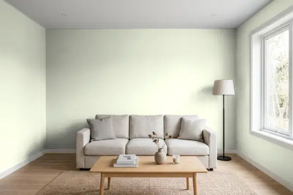 Living room with walls painted Benjamin Moore Sweet Celadon CSP-785 (simulated)