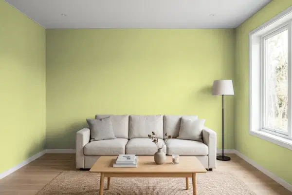 Living room with walls painted Benjamin Moore Sweet Daphne 529 (simulated)