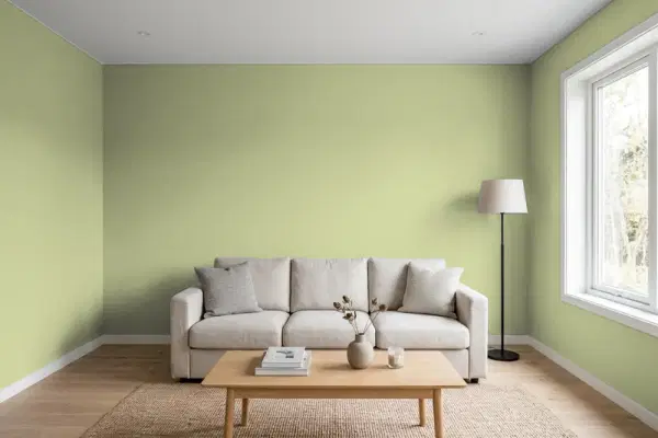 Living room with walls painted Behr Sweet Grass M350-4 (simulated)