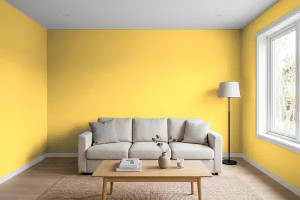Living room with walls painted Valspar Sweet Lemon 3006-3B (simulated)