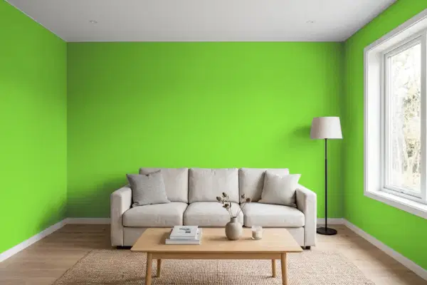 Living room with walls painted Benjamin Moore Sweet Pea 2031-30 (simulated)