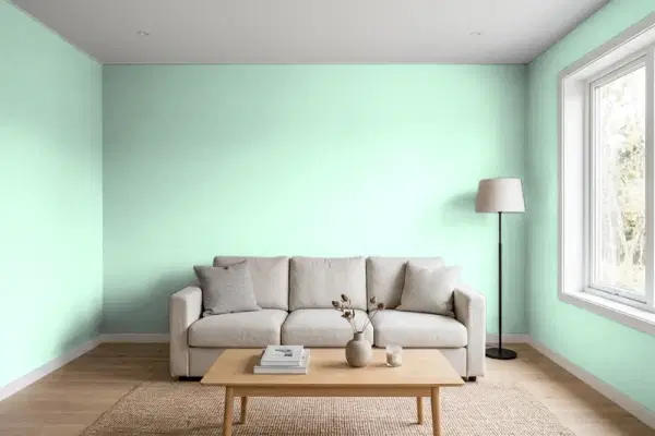 Living room with walls painted PPG Paints Sweet Pea 1227-2 (simulated)