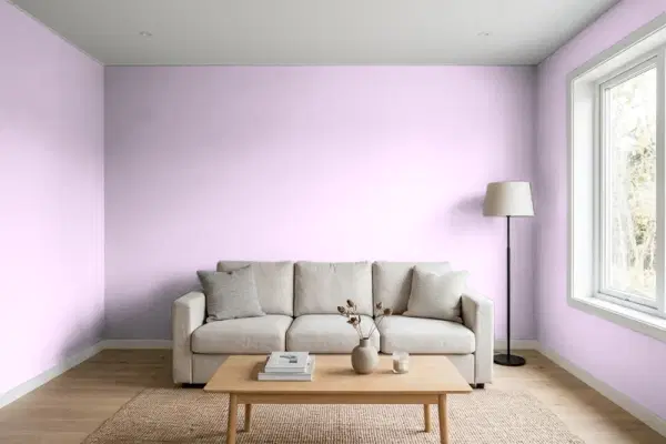 Living room with walls painted Behr Sweet Romance P100-2 (simulated)