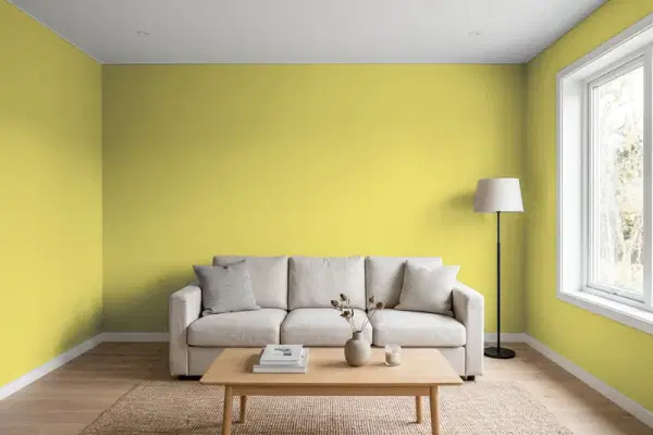 Living room with walls painted Benjamin Moore Sweet Vibrations 391 (simulated)