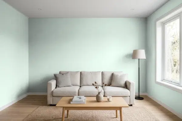 Living room with walls painted Benjamin Moore Swept Away 701 (simulated)