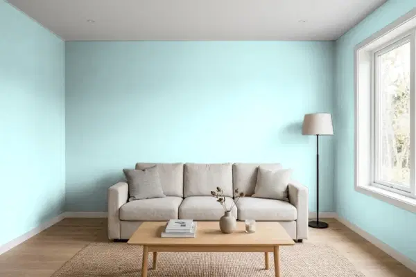 Living room with walls painted Sherwin-Williams Swimming SW 6764 (simulated)