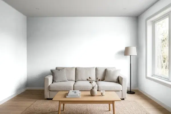 Living room with walls painted Behr Swirling Water PR-W10 (simulated)