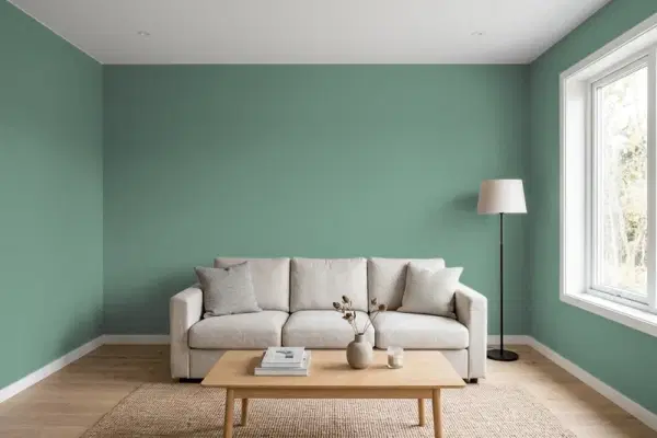 Living room with walls painted Behr Sycamore Grove S420-5 (simulated)