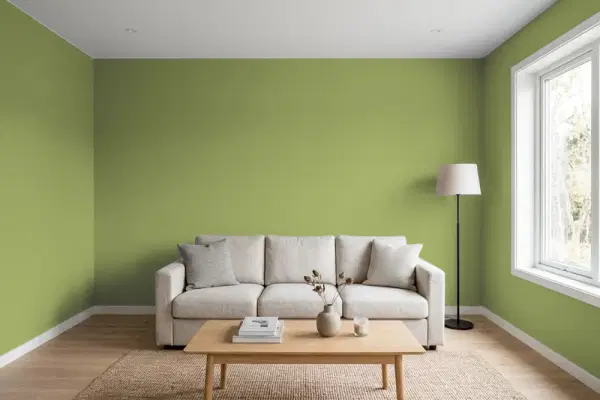Living room with walls painted Benjamin Moore Sycamore Tree 539 (simulated)