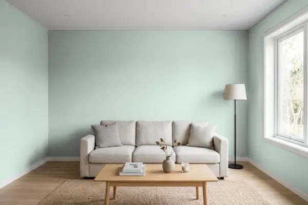 Living room with walls painted Benjamin Moore Sylvan Mist CSP-740 (simulated)