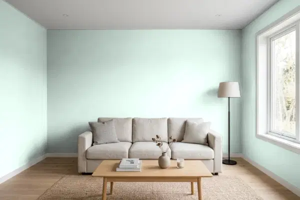 Living room with walls painted Benjamin Moore Taffeta Green 843 (simulated)