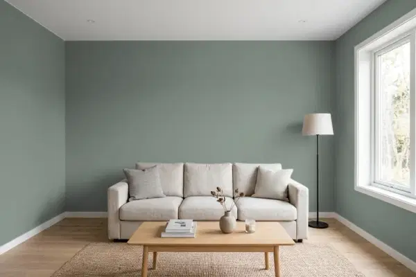 Living room with walls painted Sherwin-Williams Taiga SW 9654 (simulated)