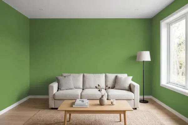 Living room with walls painted Sherwin-Williams Talipot Palm SW 6726 (simulated)