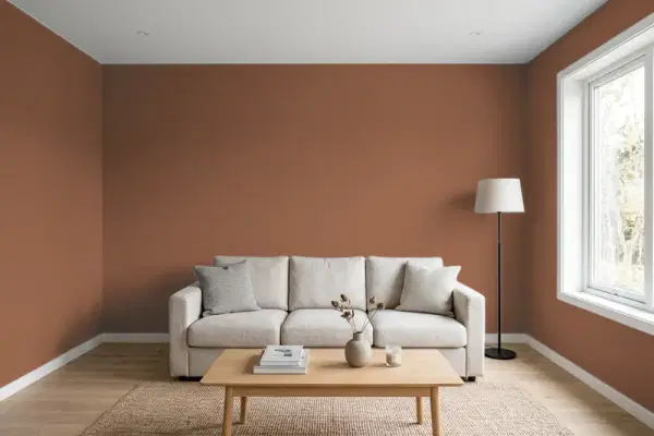 Living room with walls painted PPG Paints Tampico Brown 16-23 (simulated)