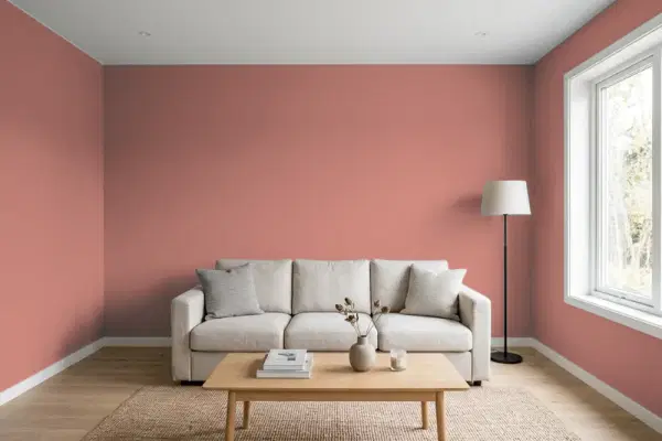 Living room with walls painted Behr Tandoori Spice PMD-81 (simulated)