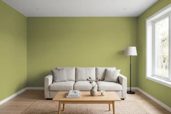 Living room with walls painted Sherwin-Williams Tansy Green SW 6424 (simulated)