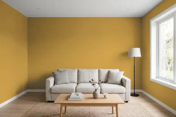 Living room with walls painted Benjamin Moore Tapestry Gold 2153-30 (simulated)