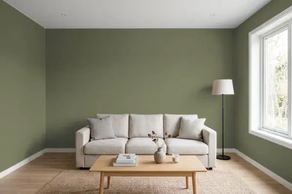 Living room with walls painted Valspar Tarragon 6001-4C (simulated)