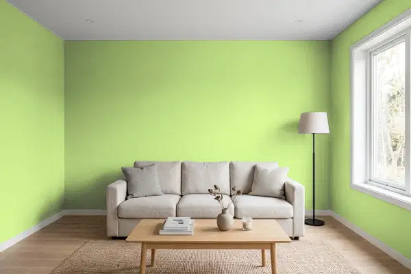 Living room with walls painted Behr Tart Apple 420B-4 (simulated)